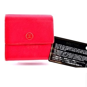 CHANEL Coco Mark Trifold RED Wallet with AUTH STICKER AND CARD & DUSTBAG